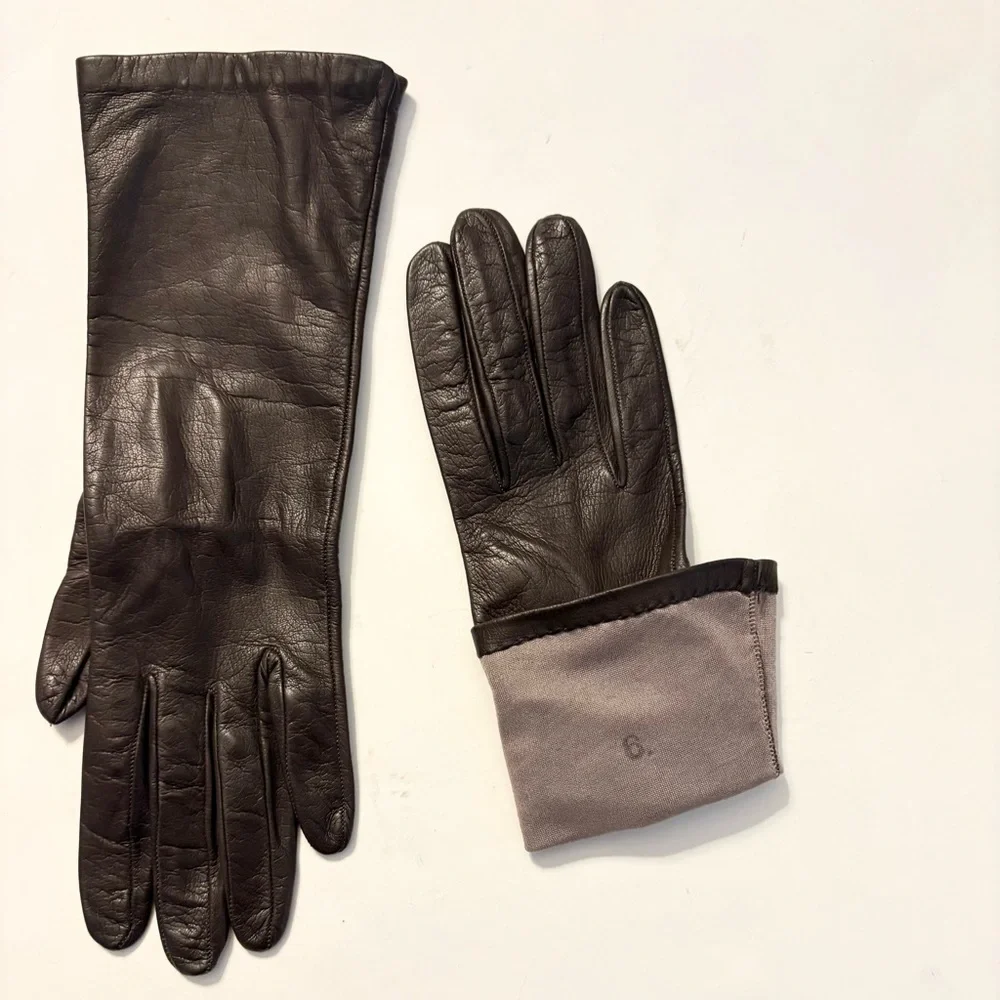 SAKS FIFTH AVENUE  Silk-Lined Leather Gloves, dark brown